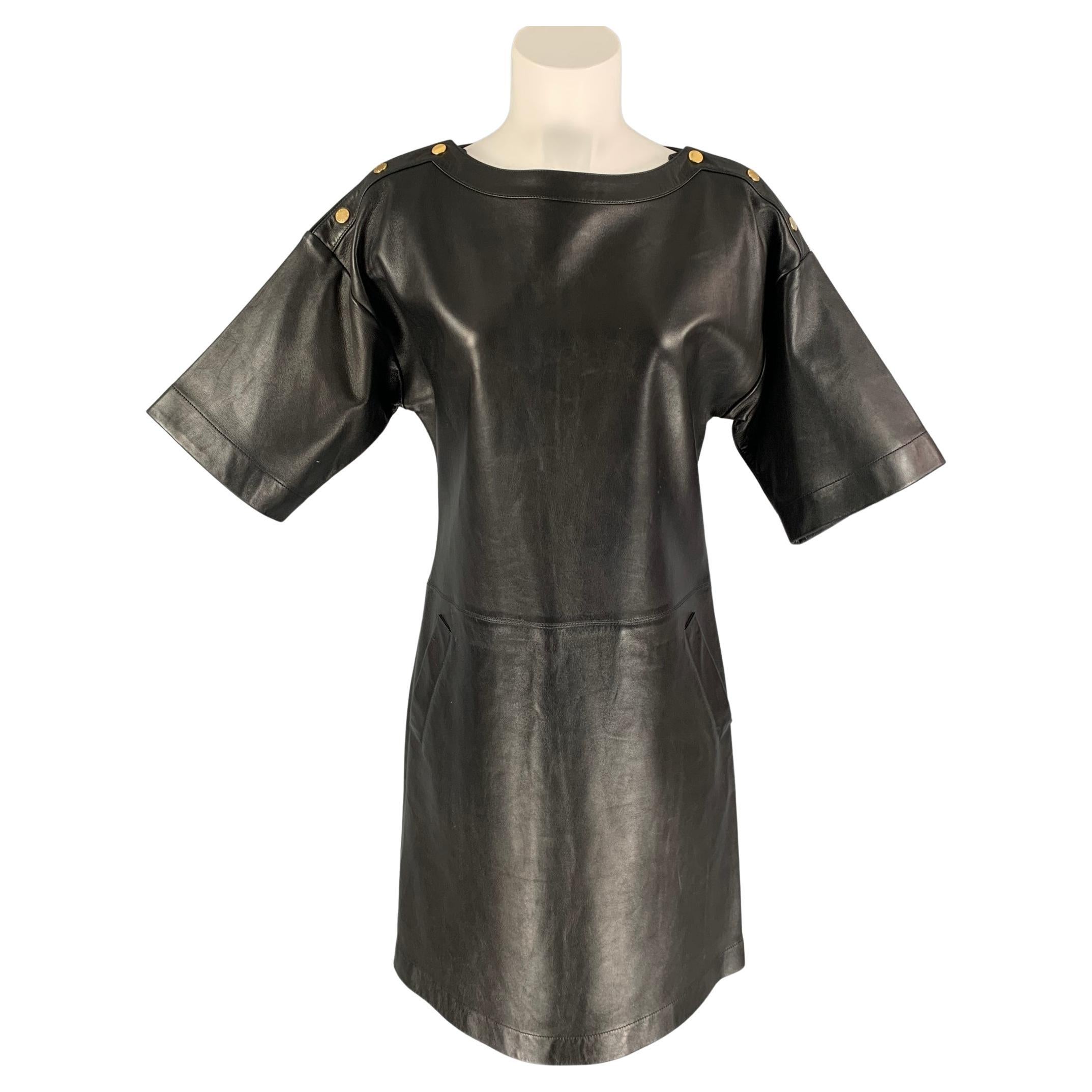 MICHAEL KORS Size 4 Black Leather Short Sleeve Below Knee Dress