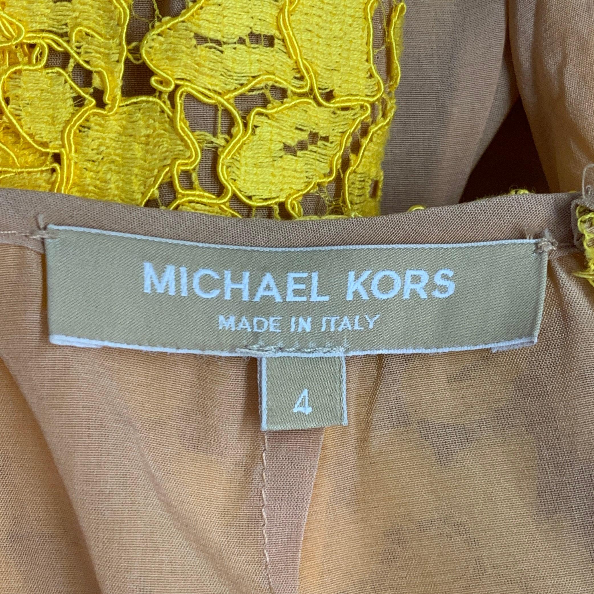 MICHAEL KORS Talla 4 Amarillo Mostaza Vestido de cóctel en línea A de encaje de mezcla de algodón en venta 1