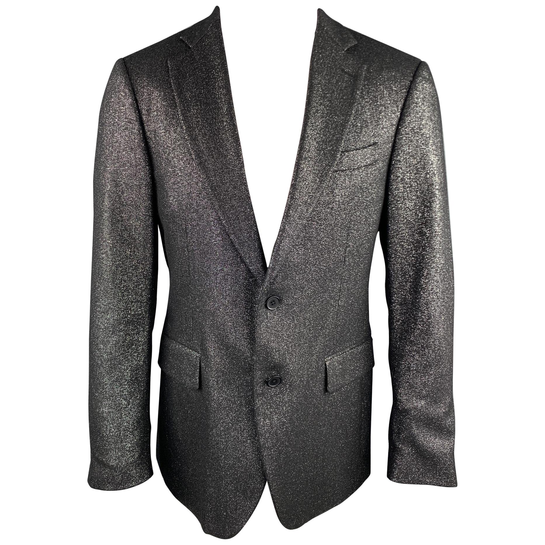 MICHAEL KORS Size 40 Regular Black & Silver Metallic Wool Blend Sport Coat