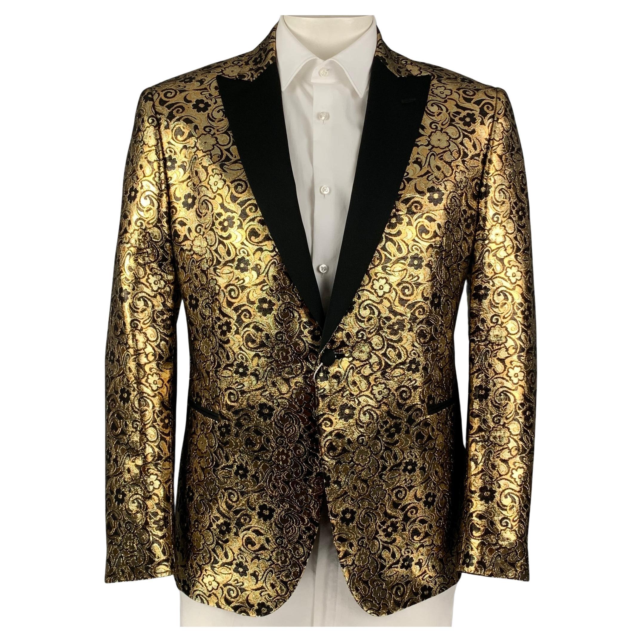 MICHAEL KORS Size 46 Black Gold Jacquard Polyester Peak Lapel