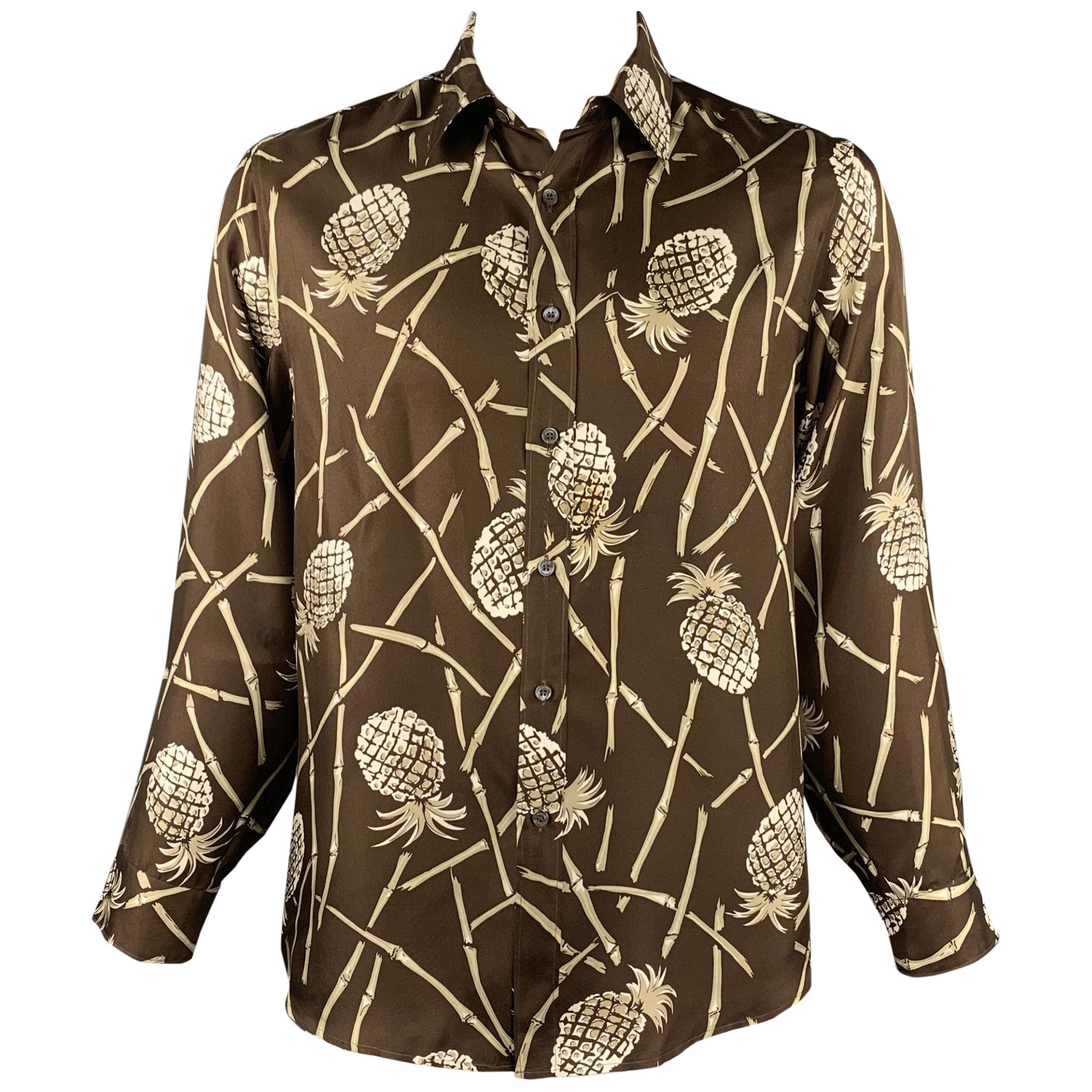 MICHAEL KORS Size L Brown & White Print Silk Button Up Long Sleeve Shirt