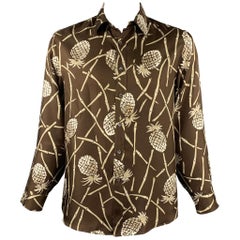 MICHAEL KORS Size L Brown & White Print Silk Button Up Long Sleeve Shirt