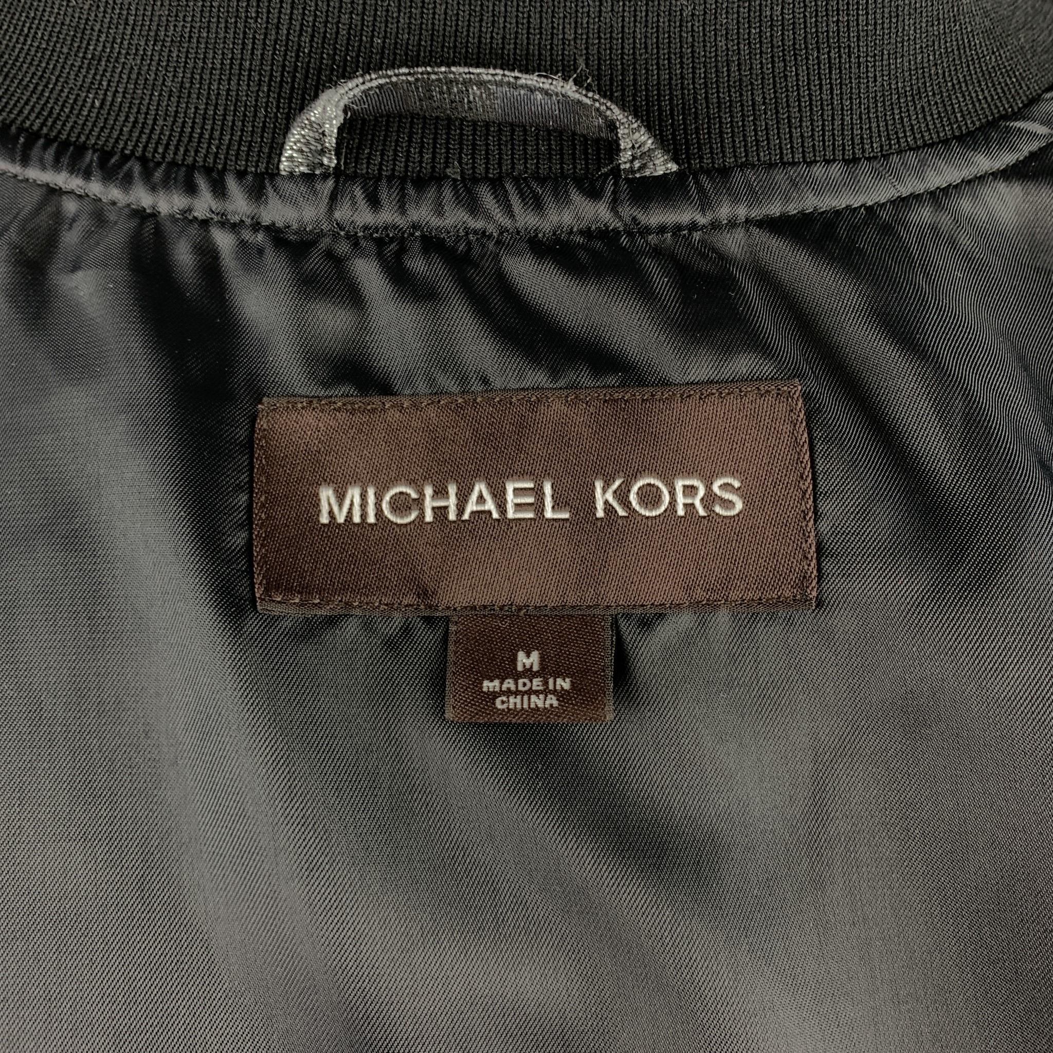 MICHAEL KORS Size M Silver & Black Leopard Jacquard Silk Blend Bomber Jacket In Excellent Condition In San Francisco, CA