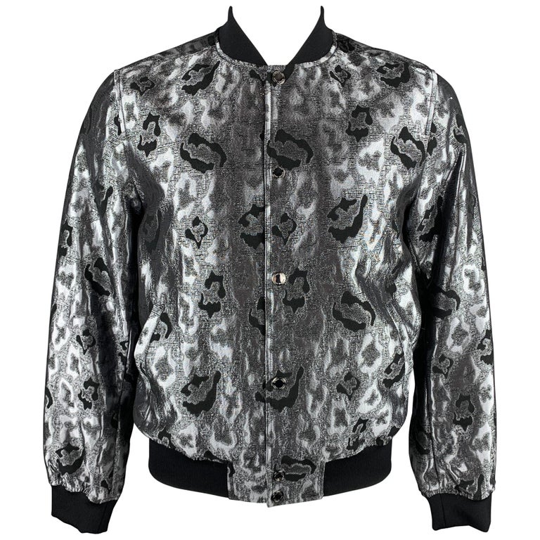 MICHAEL KORS Size M Silver and Black Leopard Jacquard Silk Blend Bomber  Jacket For Sale at 1stDibs