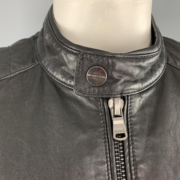 MICHAEL KORS Size XL Black Quilted Patch Leather Biker Jacket at 1stDibs