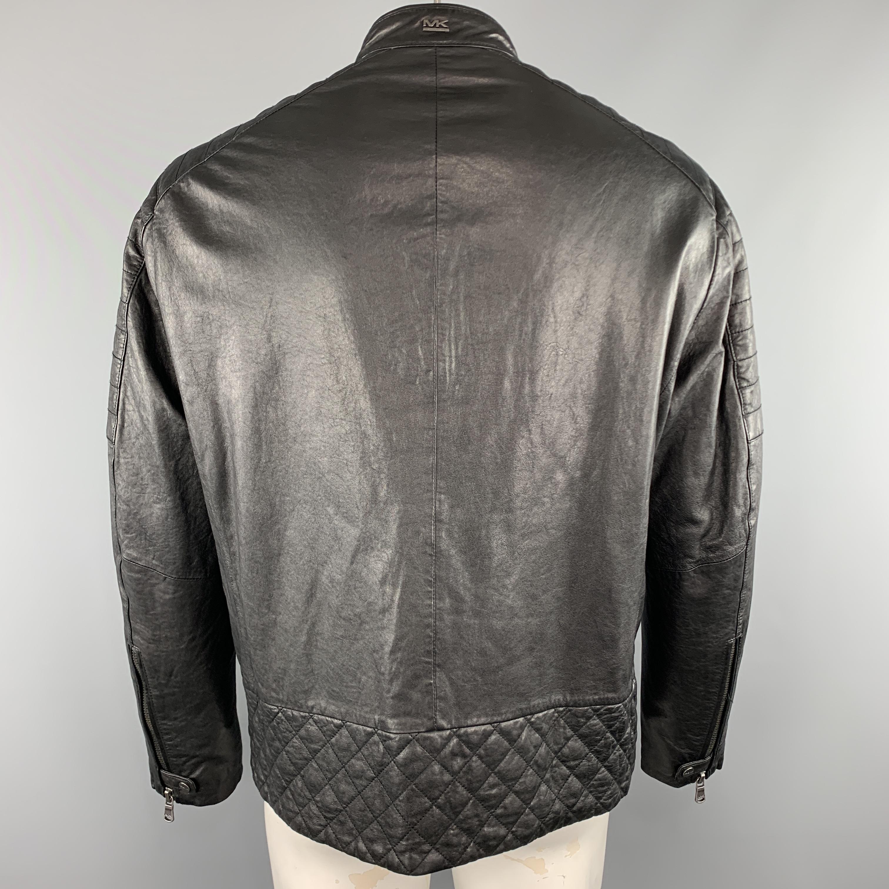 MICHAEL KORS Size XL Black Quilted Patch Leather Biker Jacket In Excellent Condition In San Francisco, CA