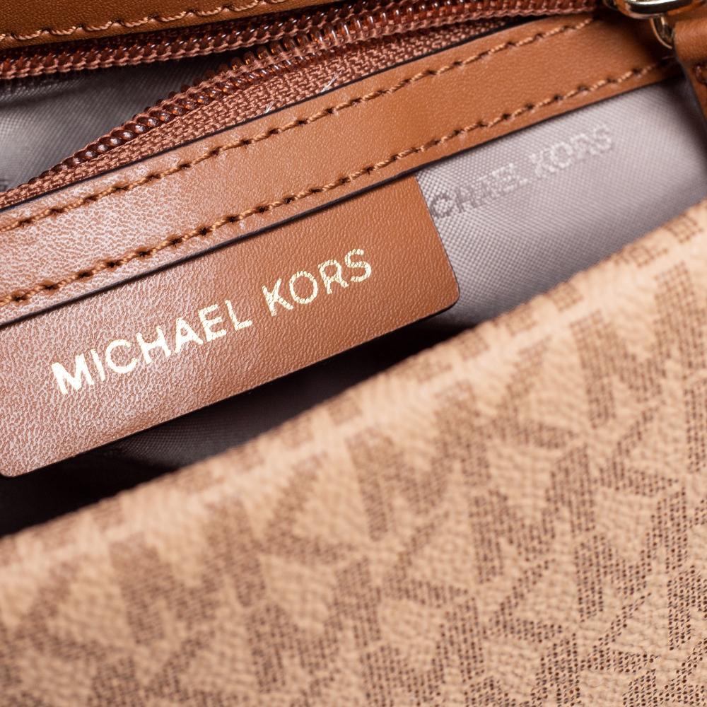 Brown Michael Kors Tri Color Monogram Coated Canvas And Leather Kinsley Top Handle Bag For Sale