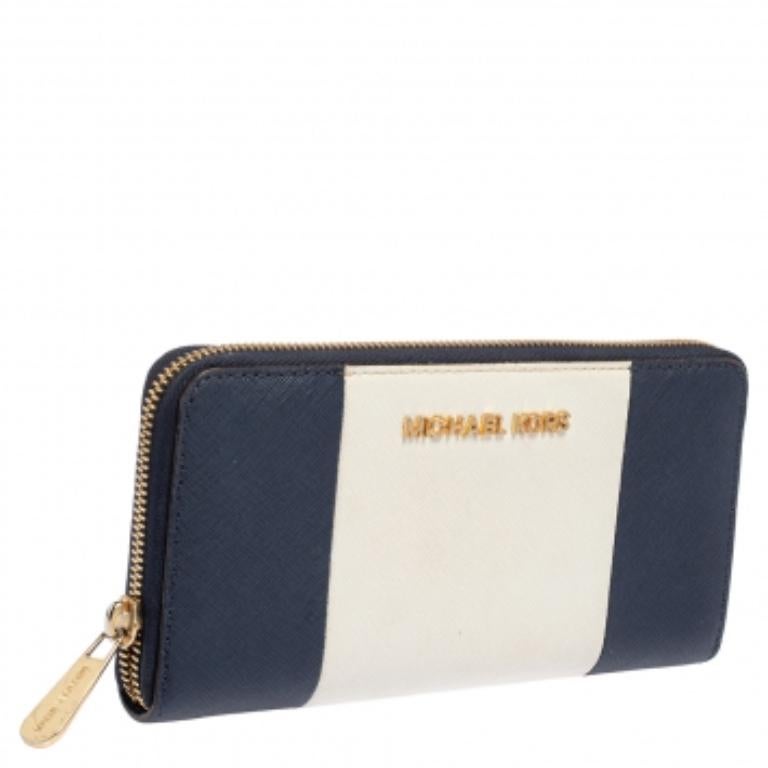 Black Michael Kors White/Blue Leather Jet Set Zip Around Wallet For Sale