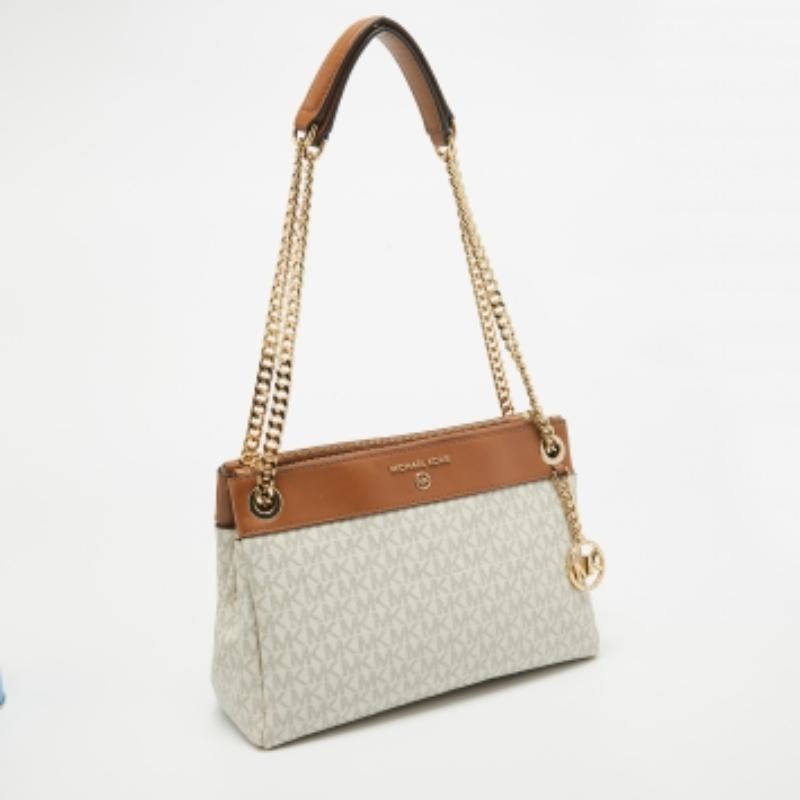 Michael Kors Tote Susan Small de piel y lona revestida blanco/marrón Signature en Bueno estado para la venta en Dubai, Al Qouz 2