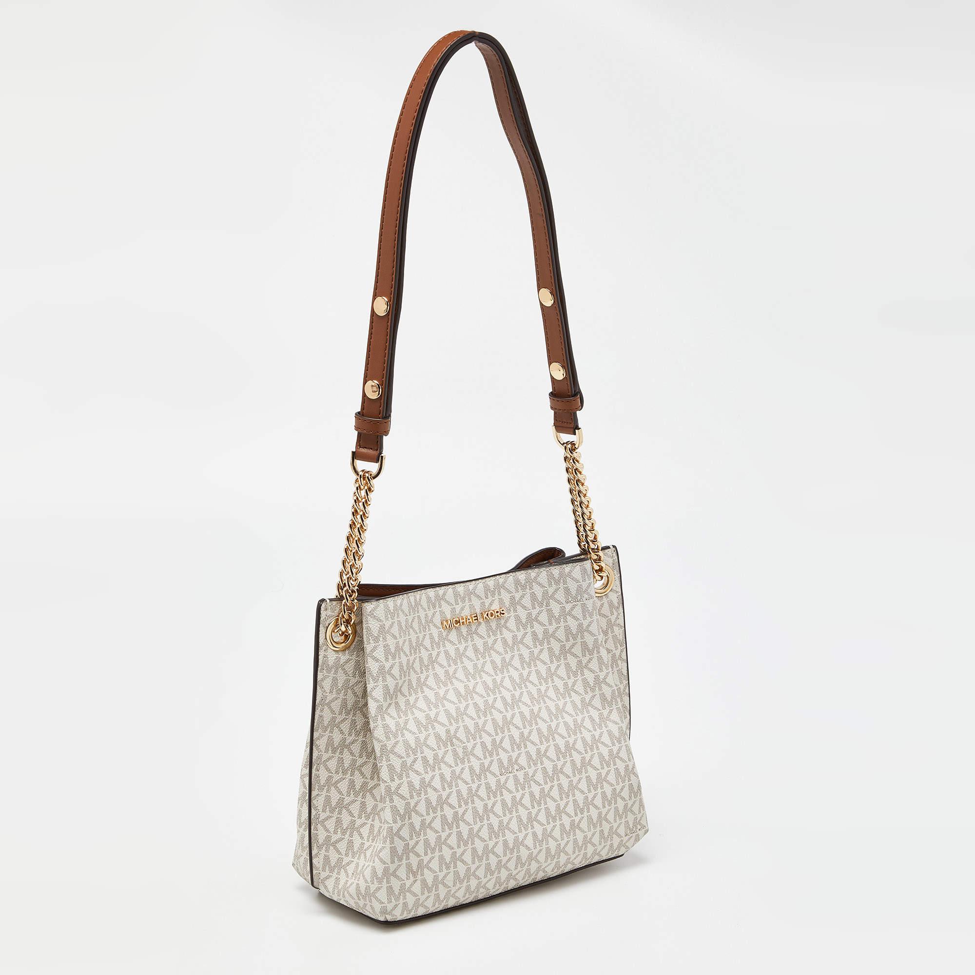 Beige Michael Kors White/Brown Signature Coated Canvas and Leather Small Teagen Bag For Sale