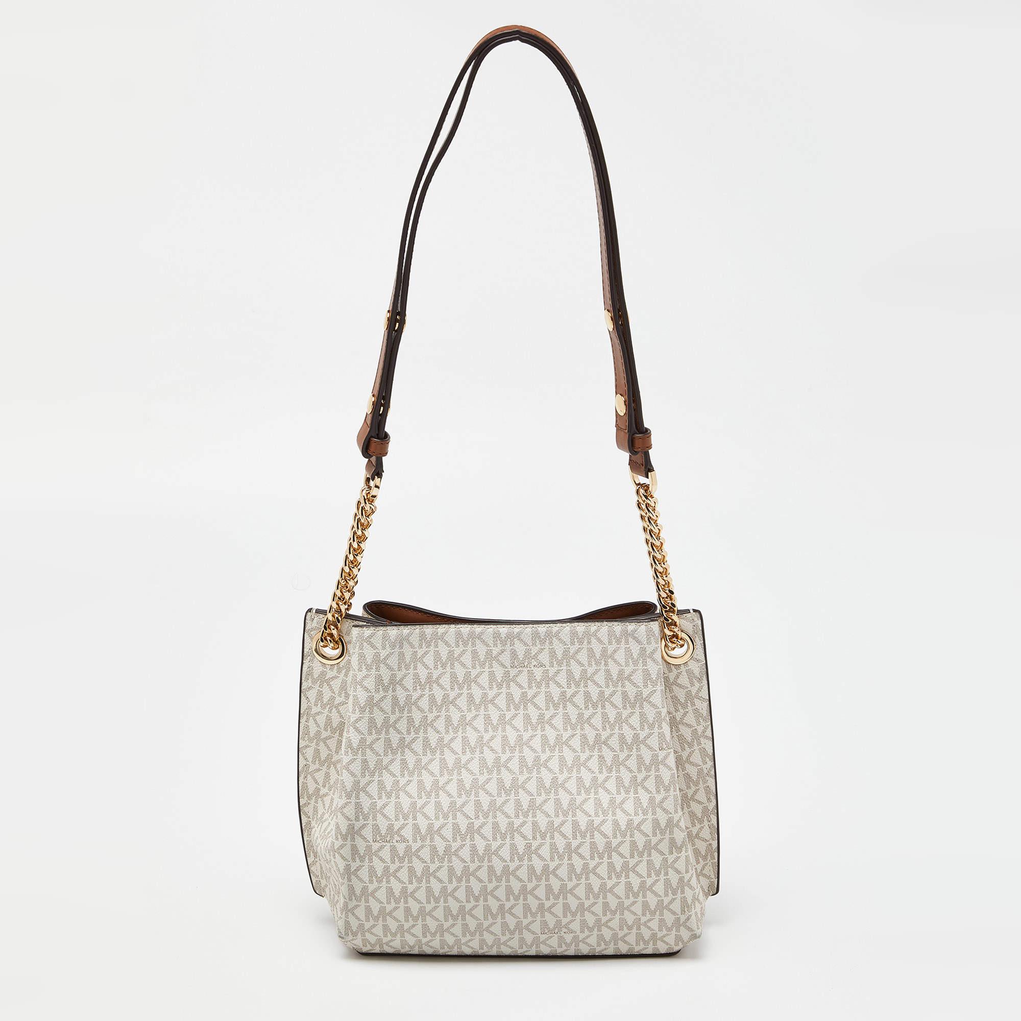 Michael Kors White/Brown Signature Coated Canvas and Leather Small Teagen Bag In Good Condition For Sale In Dubai, Al Qouz 2