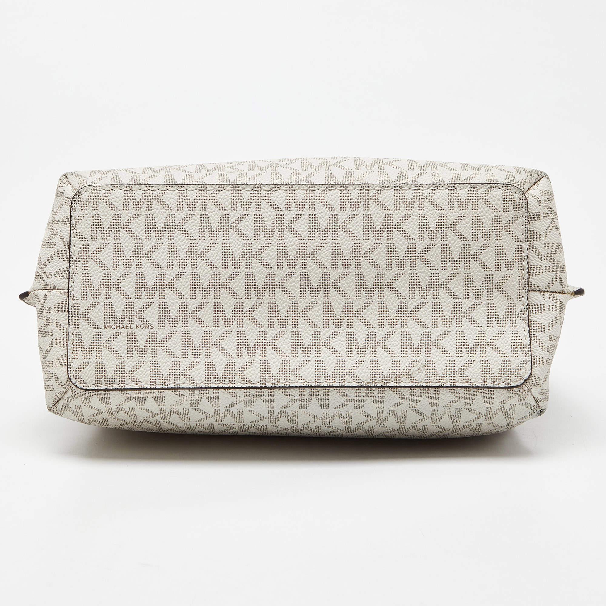Michael Kors White/Brown Signature Coated Canvas and Leather Small Teagen Bag For Sale 1