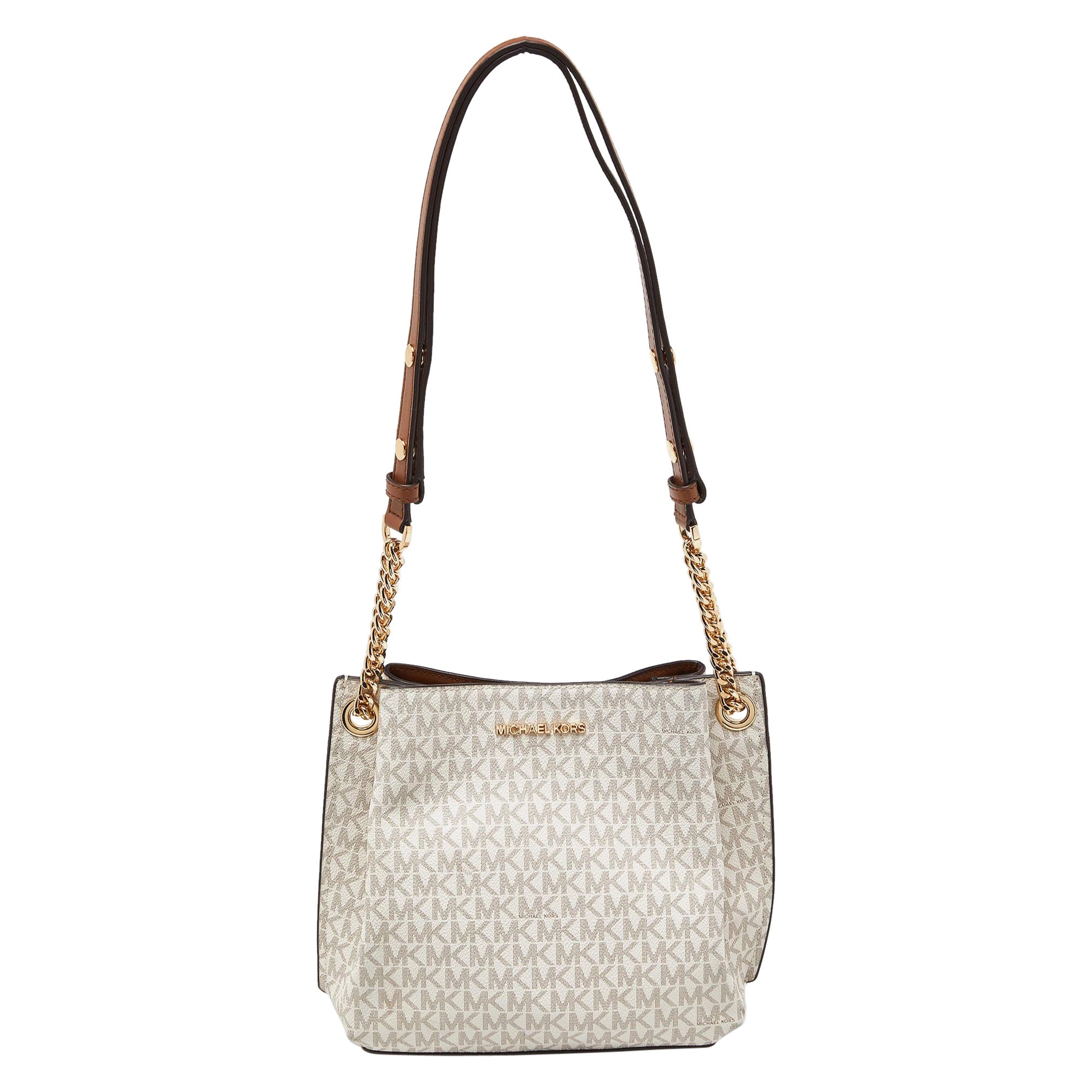 Michael Kors White/Brown Signature Coated Canvas and Leather Small Teagen Bag