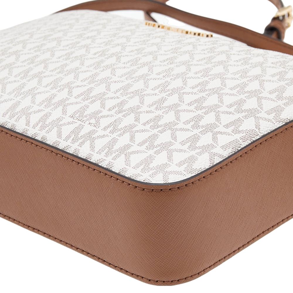 Michael Kors White/Brown Signature Coated Canvas Large Jet Set Crossbody Bag 2
