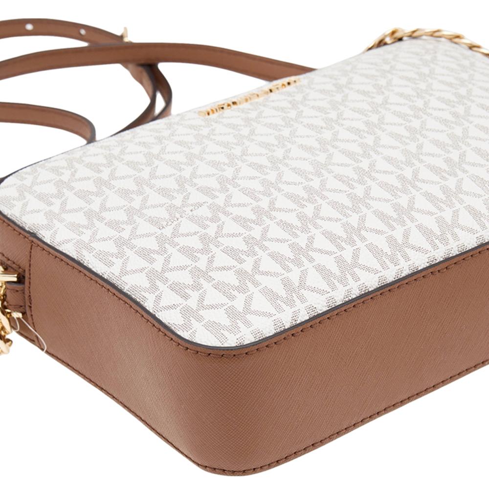 Michael Kors White/Brown Signature Coated Canvas Large Jet Set Crossbody Bag 4
