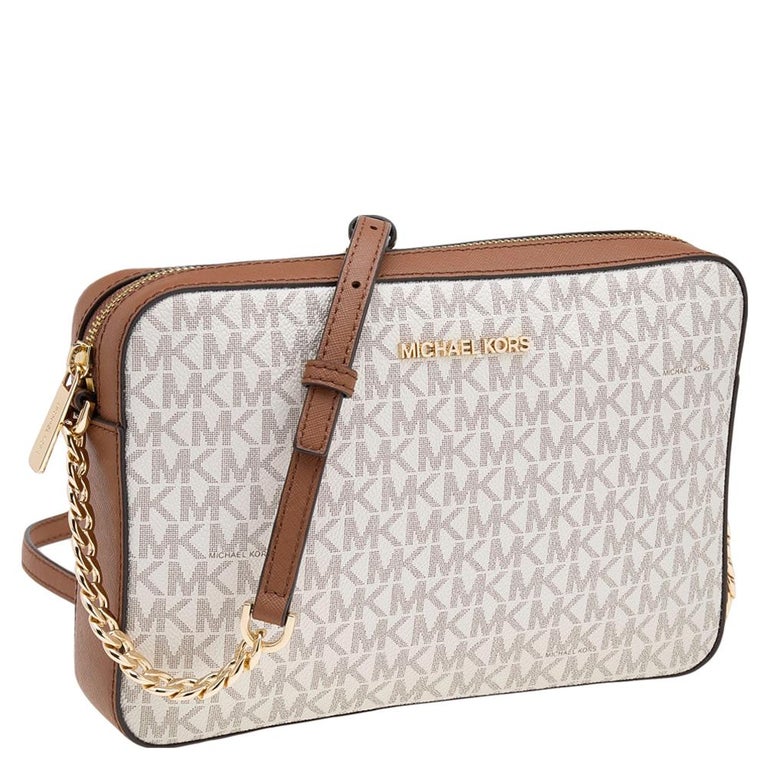 Michael Kors White/Brown Signature Coated Canvas Large Jet Set Crossbody  Bag For Sale at 1stDibs | white and brown michael kors purse, michael kors  white purse, michael kors brown and white purse