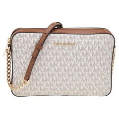 Michael Kors White/Brown Signature Coated Canvas Large Jet Set Crossbody Bag