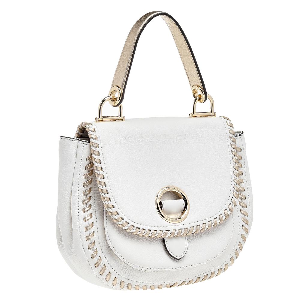 Michael Kors White/Gold Leather Isadore Stitch Top Handle Bag 3