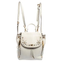 Used Michael Kors White Leather Floral Embellished Backpack