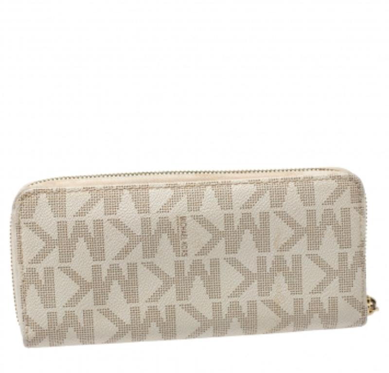 Women's Michael Kors White Monogram Coated Canvas Zip Around Wallet For Sale