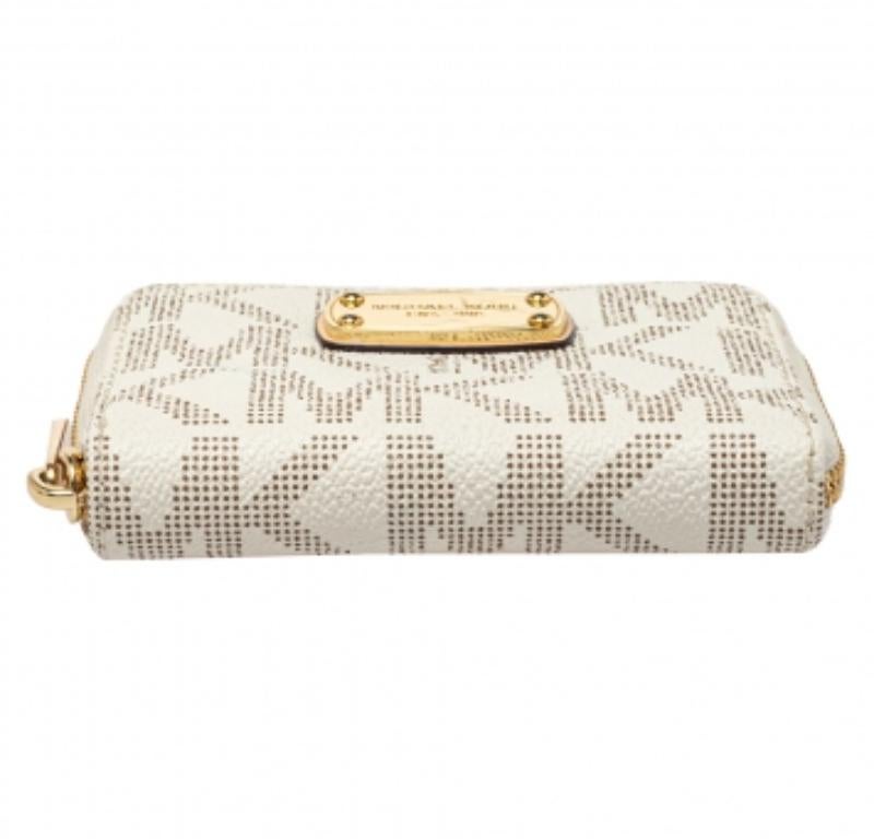 Michael Kors White Signature Coated Canvas Zip Around Compact Wallet For Sale 1