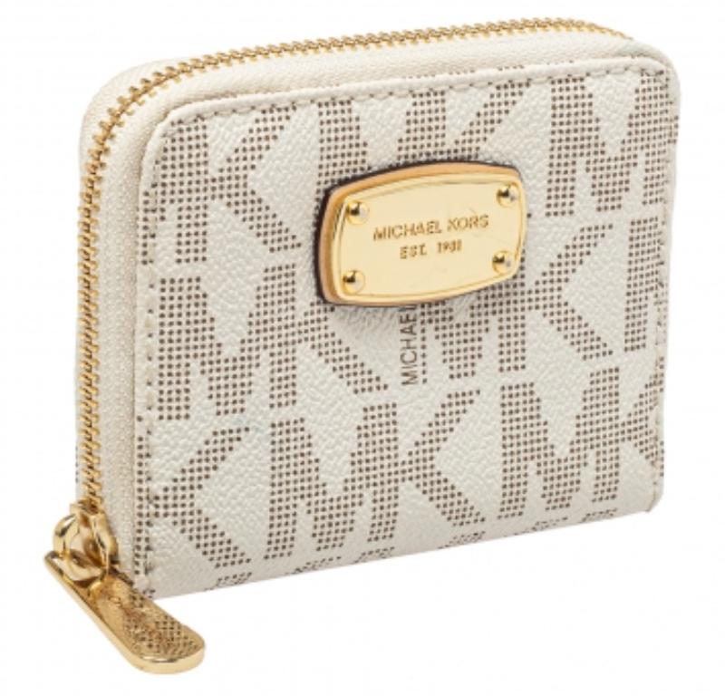 Michael Kors White Signature Coated Canvas Zip Around Compact Wallet For Sale 5