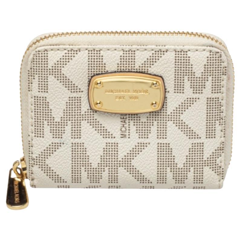 Michael Kors White Signature Coated Canvas Zip Around Compact Wallet For Sale