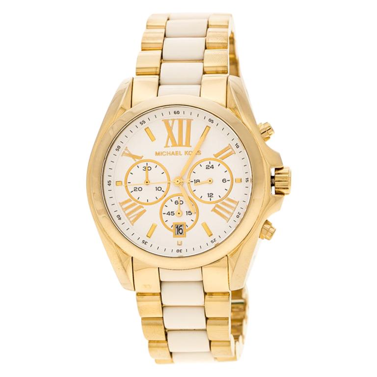 Michael Kors White Yellow Gold Ceramic Bradshaw MK5743 Women's Wristwatch  43 mm For Sale at 1stDibs