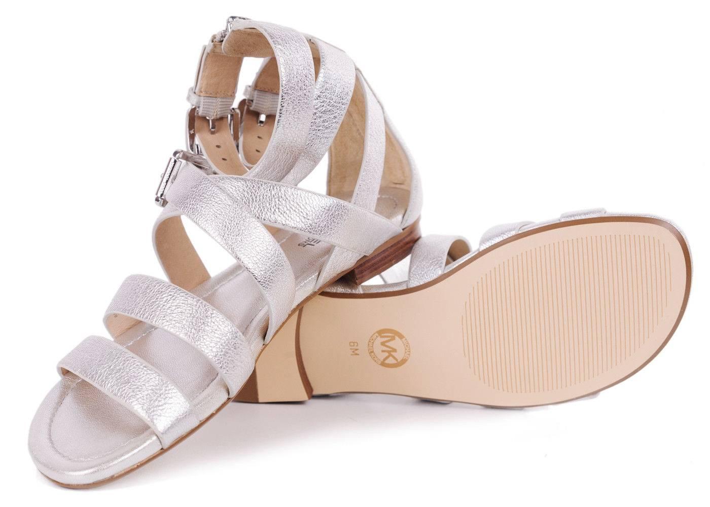 Women's Michael Kors Womens Silver Grained Leather Gladiator Sandal For Sale