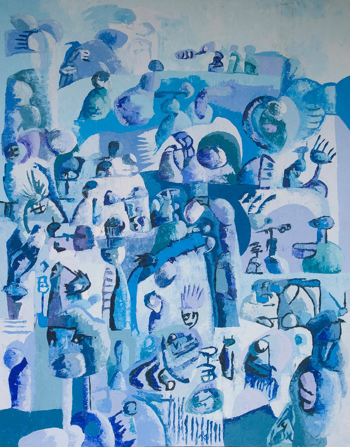 Michael Krasowitz Abstract Painting - "Blue Ice" abstract w figures monochromatic