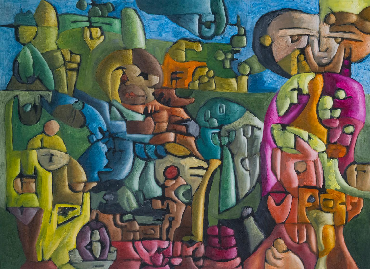"Rendezvous" Colori vivaci, smalti trasparenti, astrazione figurativa