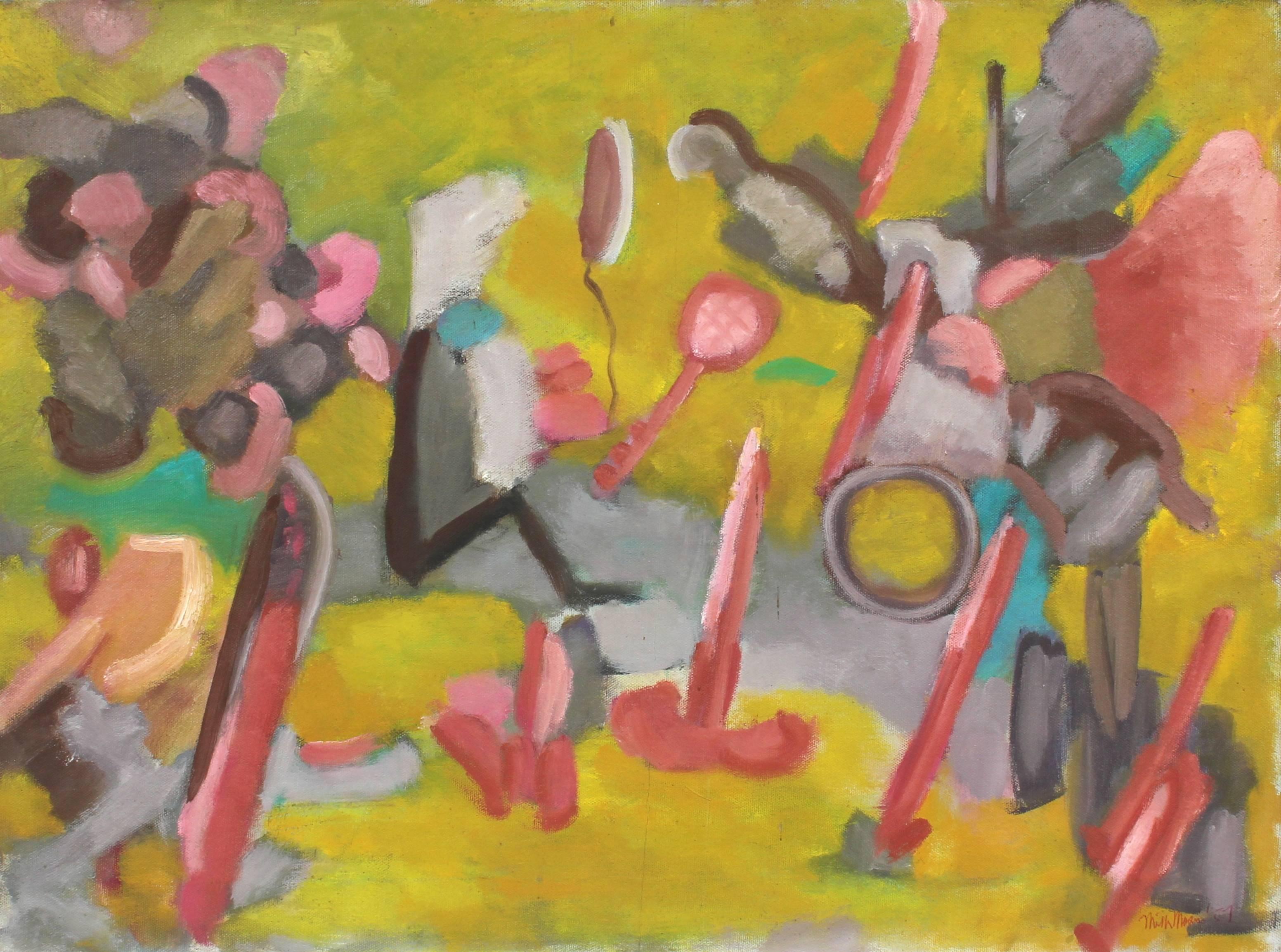 Michael L. Mason Abstract Painting - Bright Abstracted Figures, Oil Painting, 1957