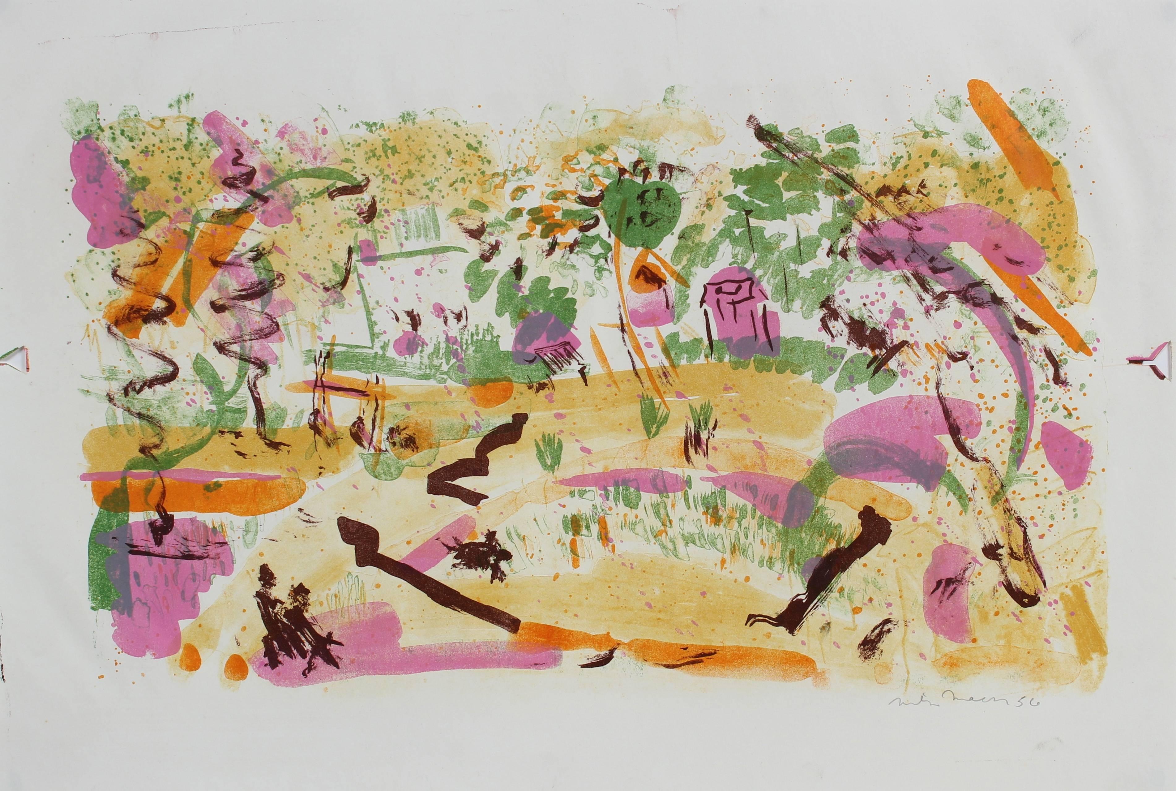 Bright Abstracted Springtime Landscape Lithograph, 1956 - Print by Michael L. Mason