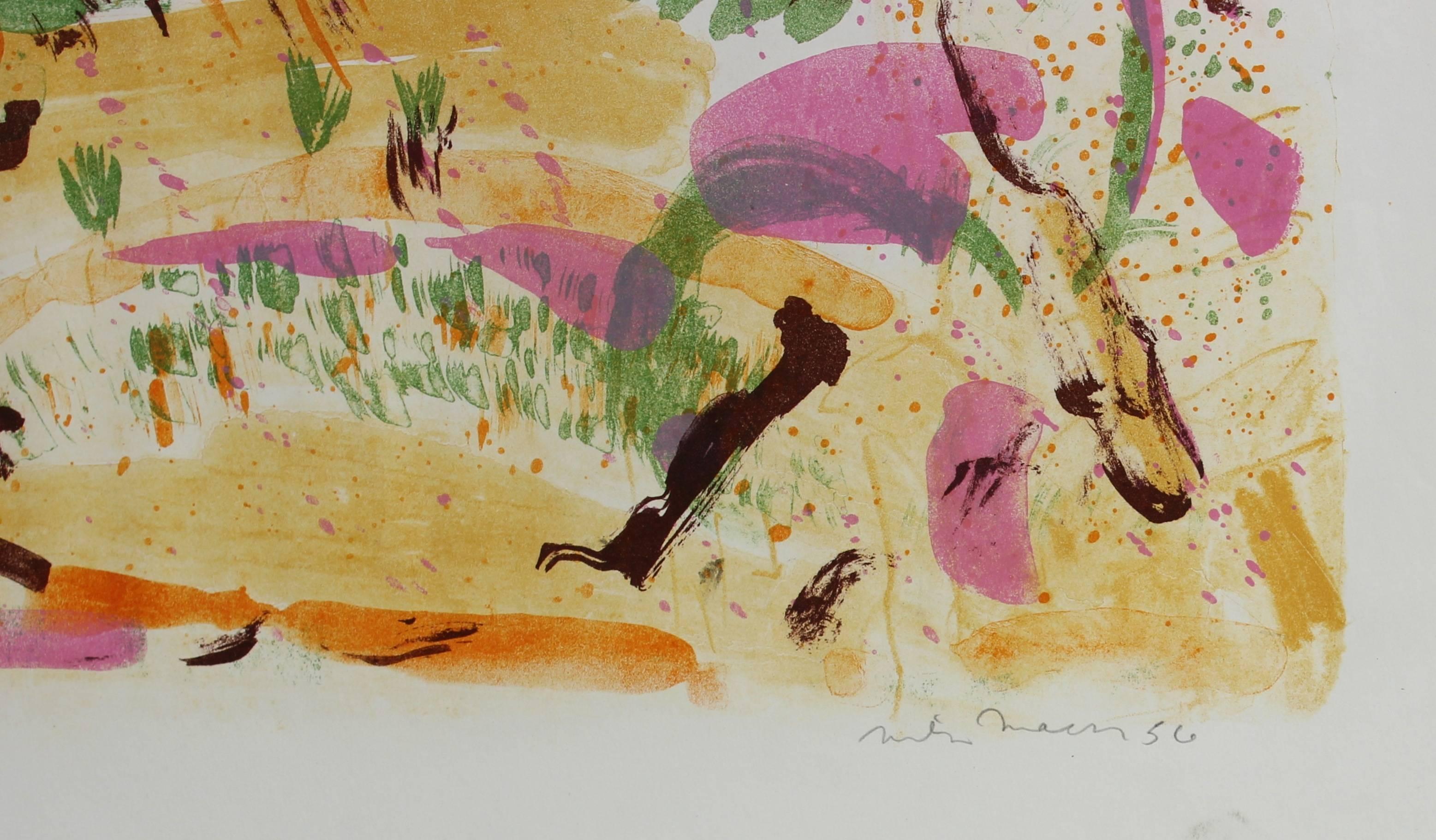 Bright Abstracted Springtime Landscape Lithograph, 1956 - Modern Print by Michael L. Mason
