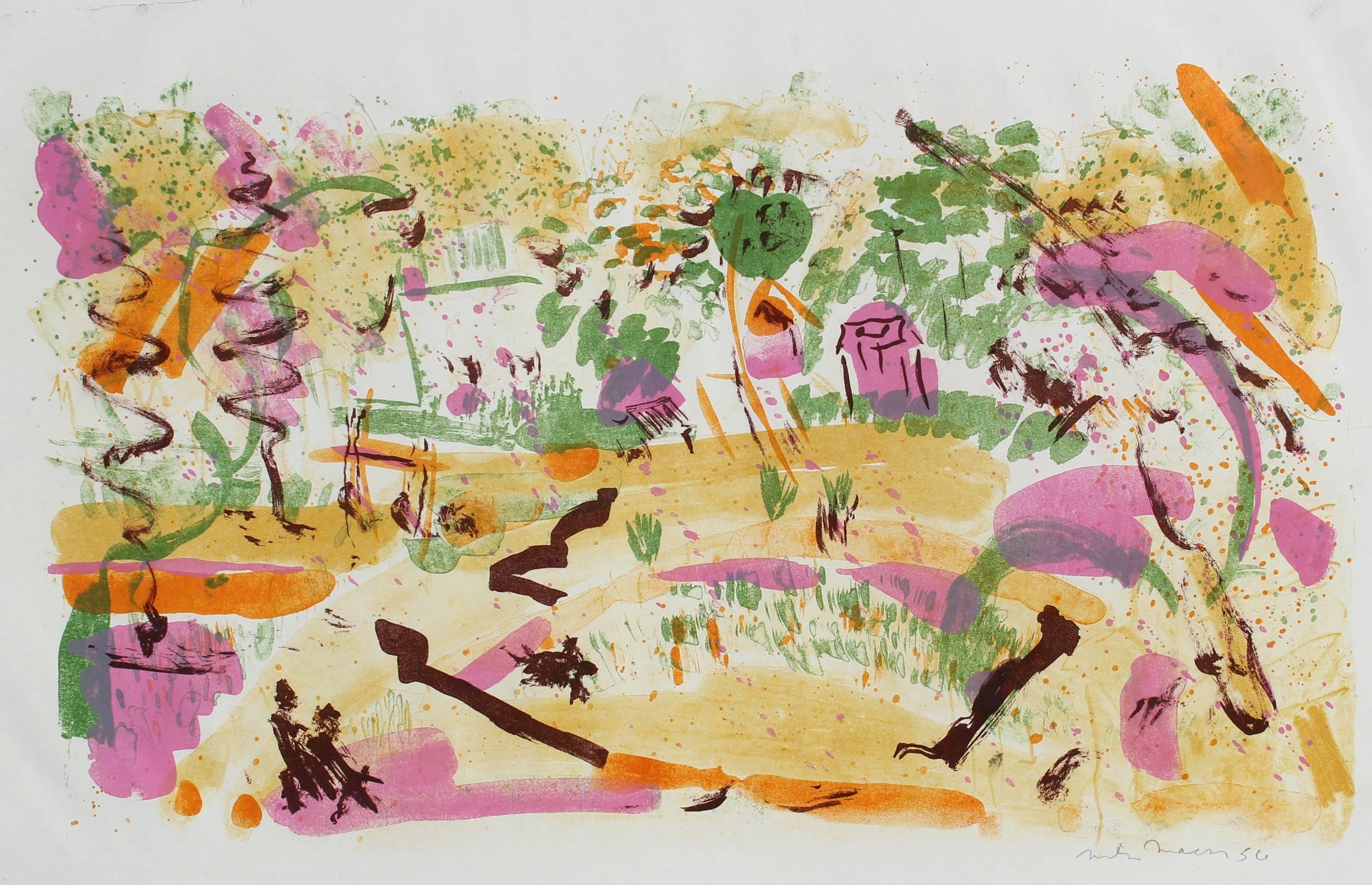 Michael L. Mason Abstract Print - Bright Abstracted Springtime Landscape Lithograph, 1956