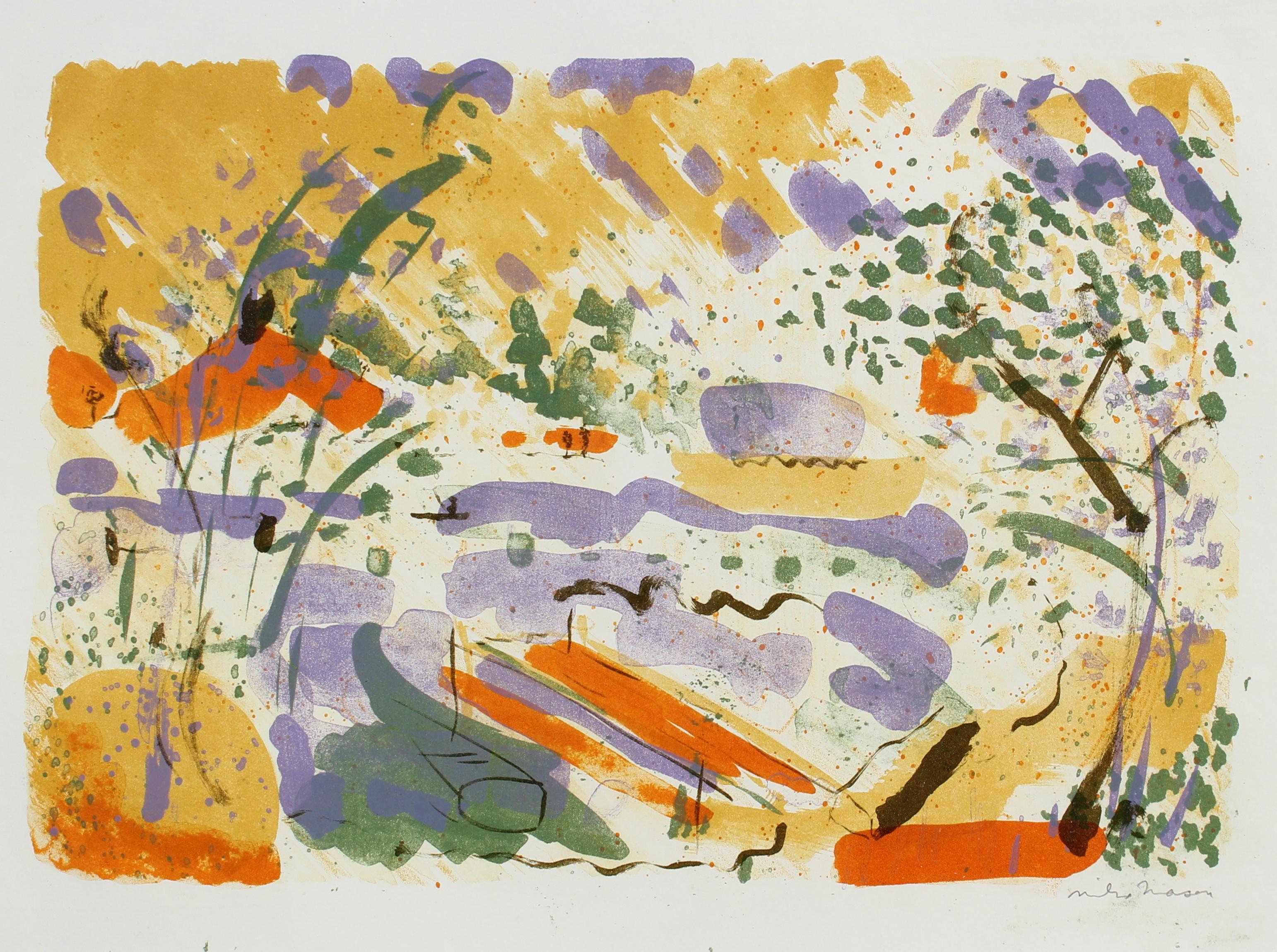 Michael L. Mason Landscape Print - Bright Springtime Abstracted Landscape 1950-60s Lithograph