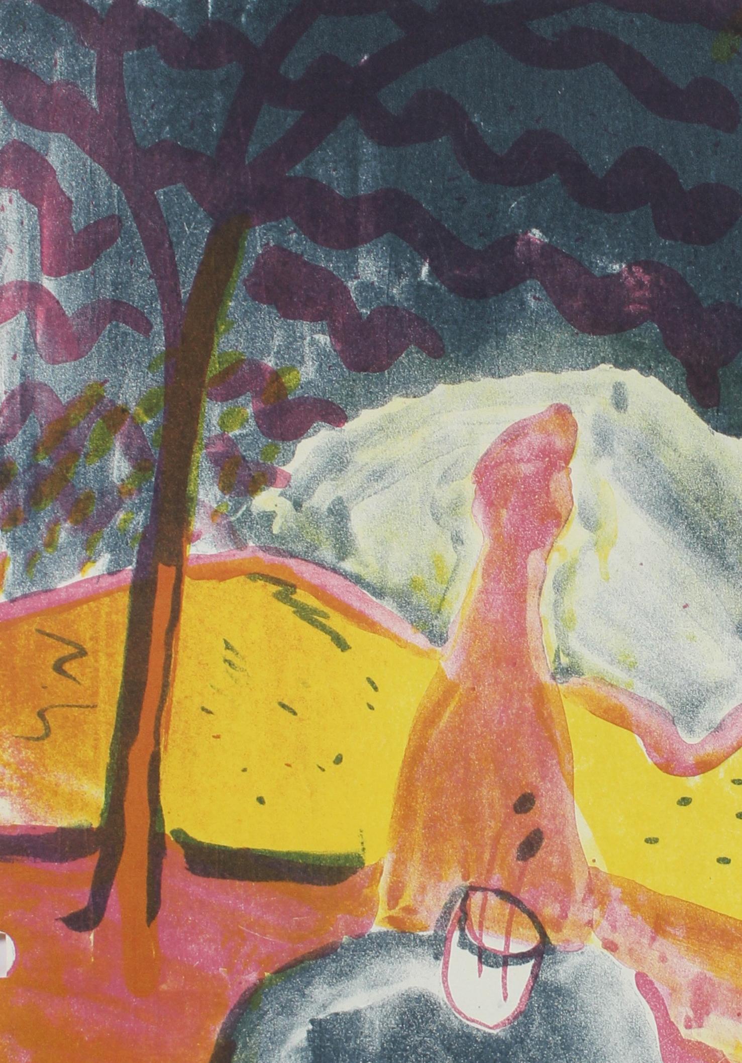 Colorful Abstracted Landscape Lithograph on Paper with Pink and Yellow, 1952 - Print by Michael L. Mason