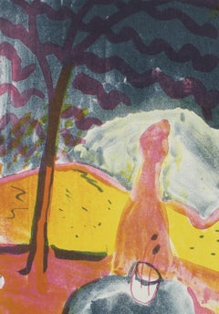 Colorful Abstracted Landscape Lithograph on Paper with Pink and Yellow, 1952