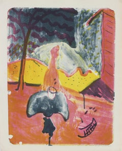 Colorful Abstracted Landscape Lithograph on Paper with Pink and Yellow, 1952
