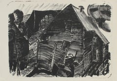Monochrome Graphic Abstracted Barn 1953 Lithograph