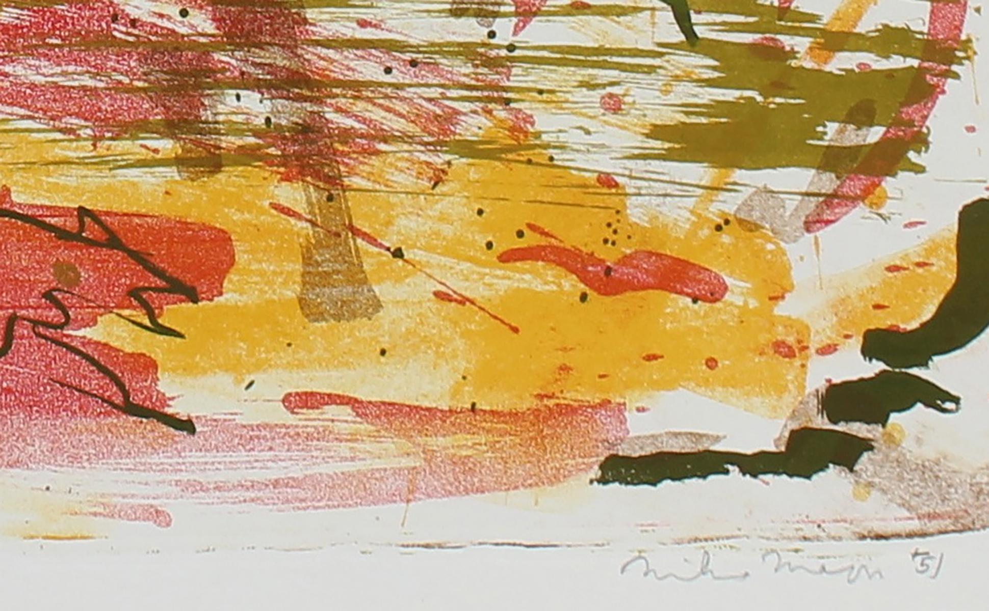 Sunny Abstracted Landscape Lithograph with Yellow, Pink and Green, 1951 - Modern Print by Michael L. Mason