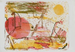 Vintage Sunny Abstracted Landscape Lithograph with Yellow, Pink and Green, 1951