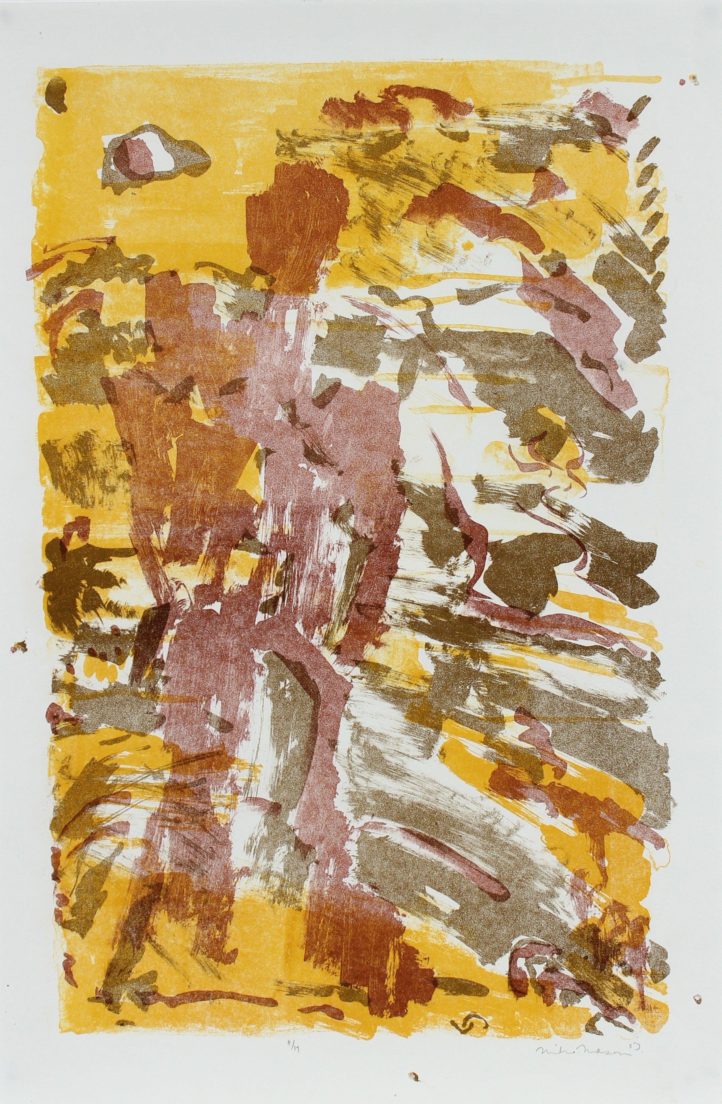 Warm Toned Modernist Figure & Sky Abstract 1953 Lithograph - Print by Michael L. Mason