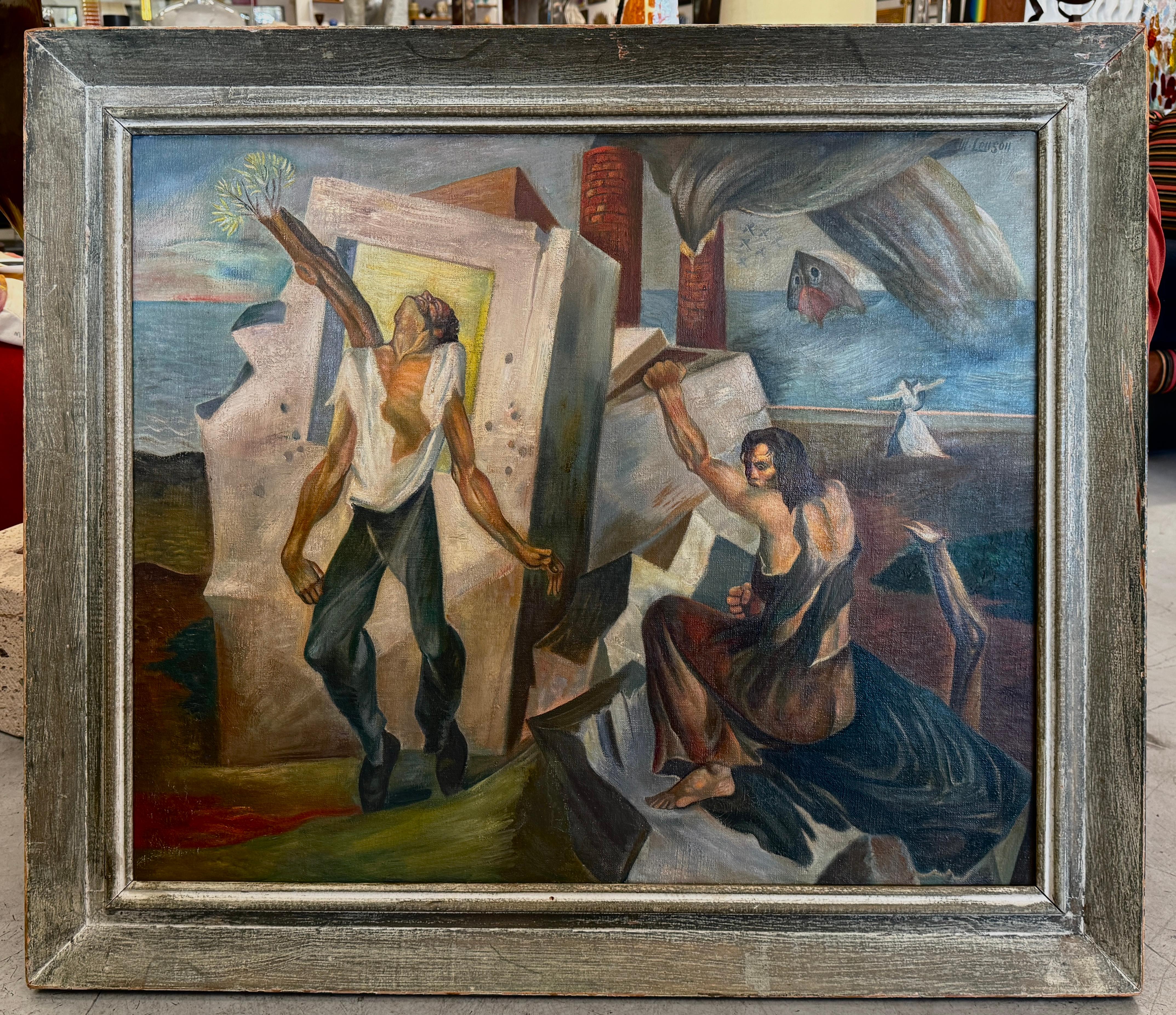 A wonderful WPA Surrealist painting by the noted New Jersey artist Michael Lenson. The works appears to have been refined at some point and perhaps has some in painting. We have not examined it under a black light. It is in a period frame that has