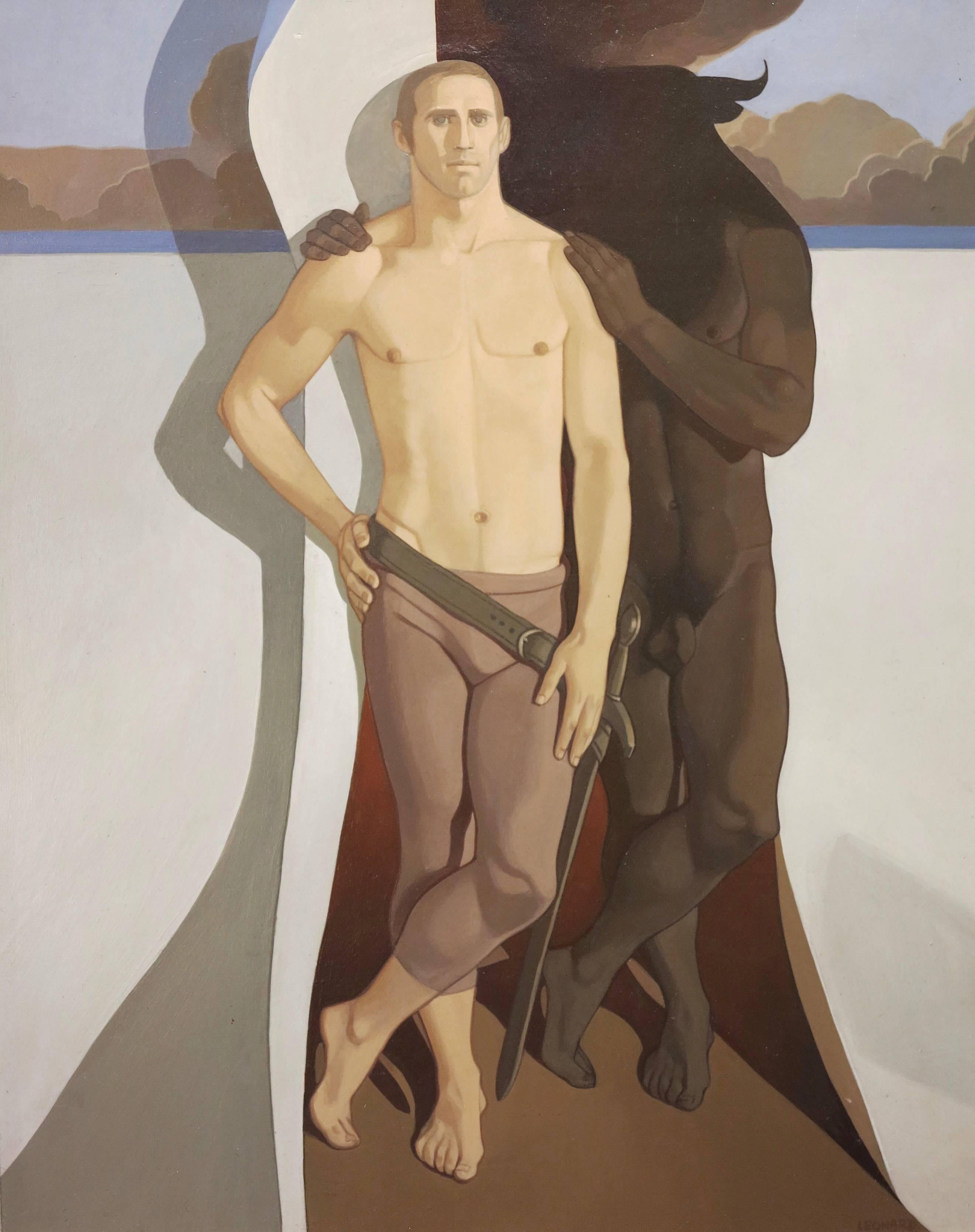 Nude Painting Michael Leonard - Thésée et le Minotaure:: 1969 (peinture de nu masculin noir mythologique)