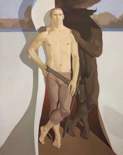 Retro Theseus and the Minotaur, 1969 (Mythological black male nude painting)