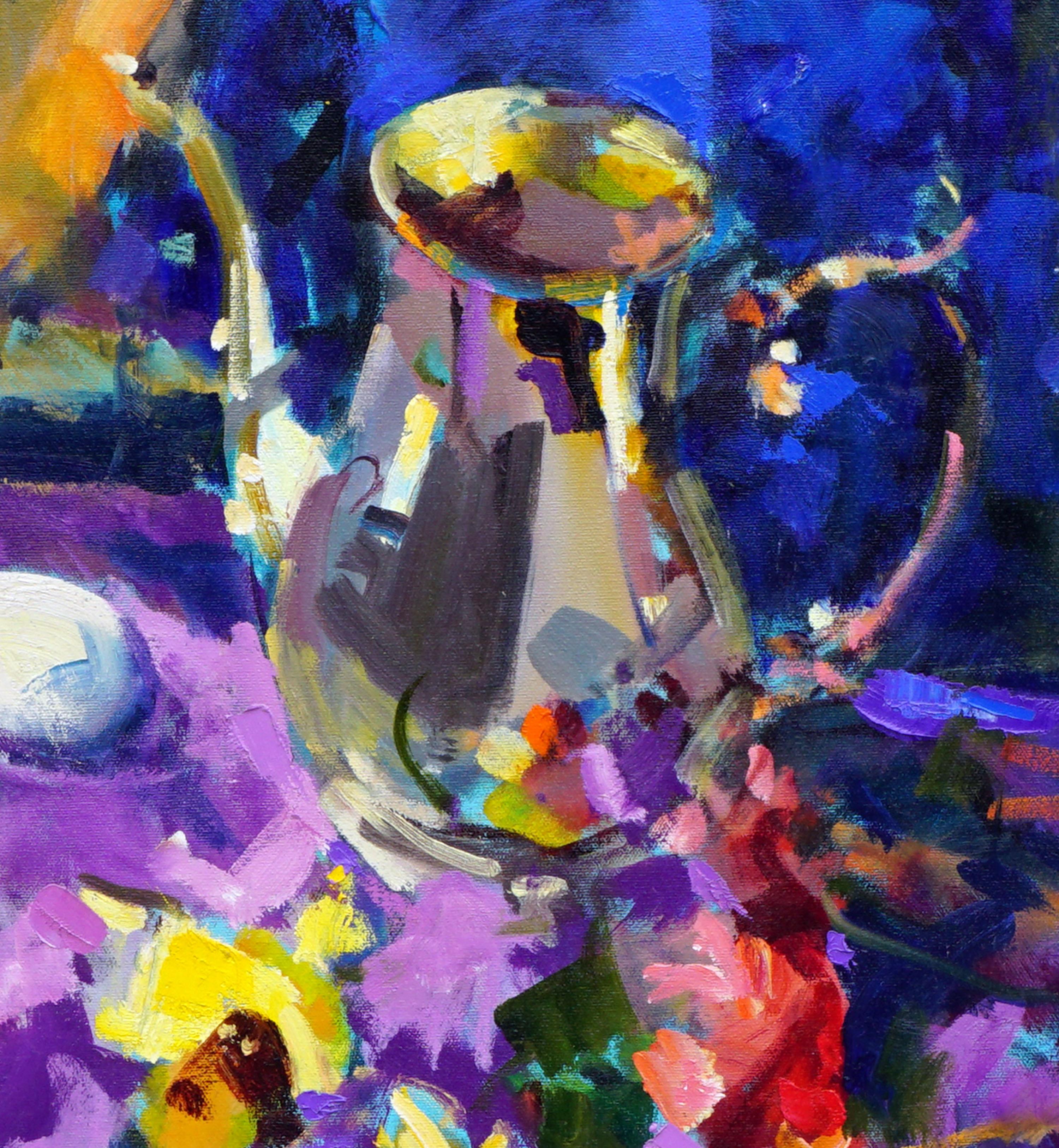 Silver Tea Pot Still Life - Beige Interior Painting by Michael Linstrom