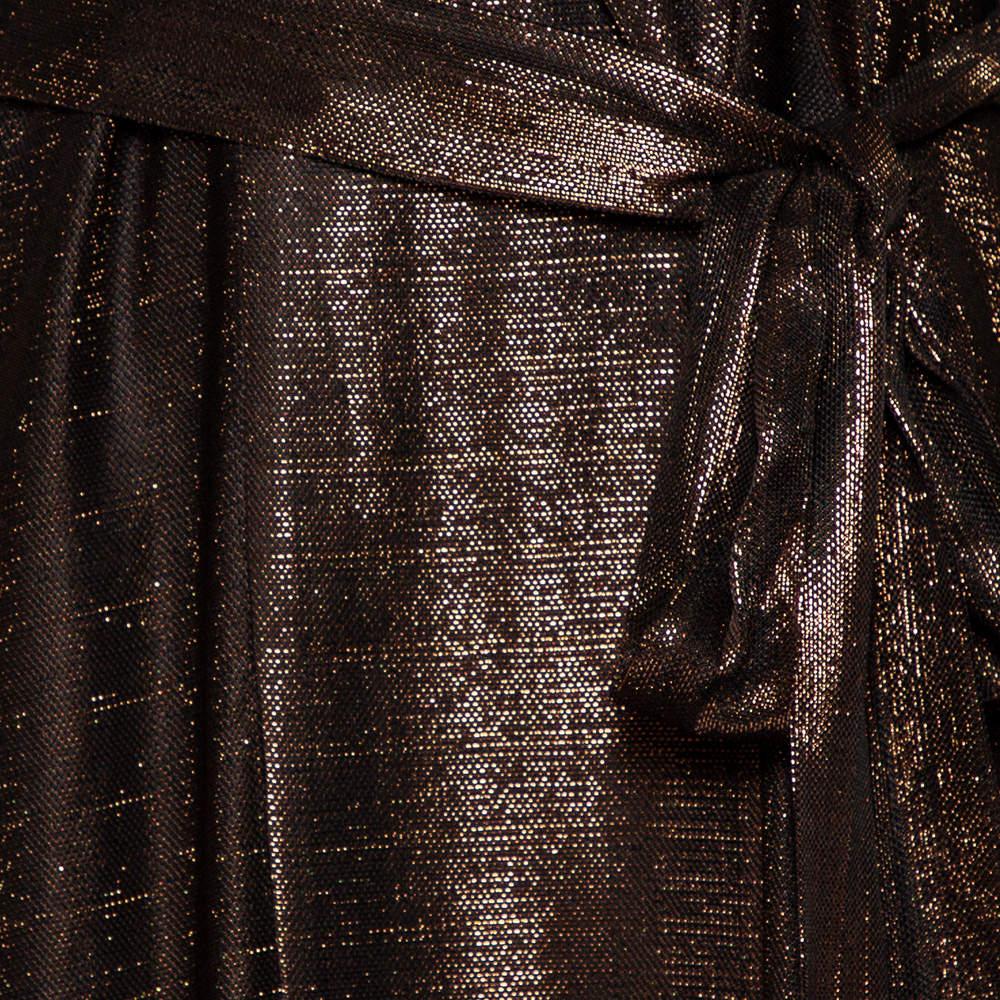 Women's Michael Lo Sordo Metallic Lurex Side Slit Detail Belted Collared Maxi Dress L
