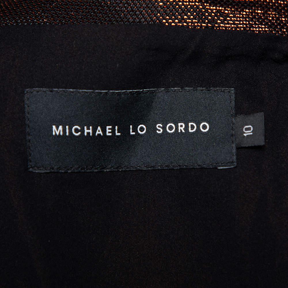 Michael Lo Sordo Metallic Lurex Side Slit Detail Belted Collared Maxi Dress L 1