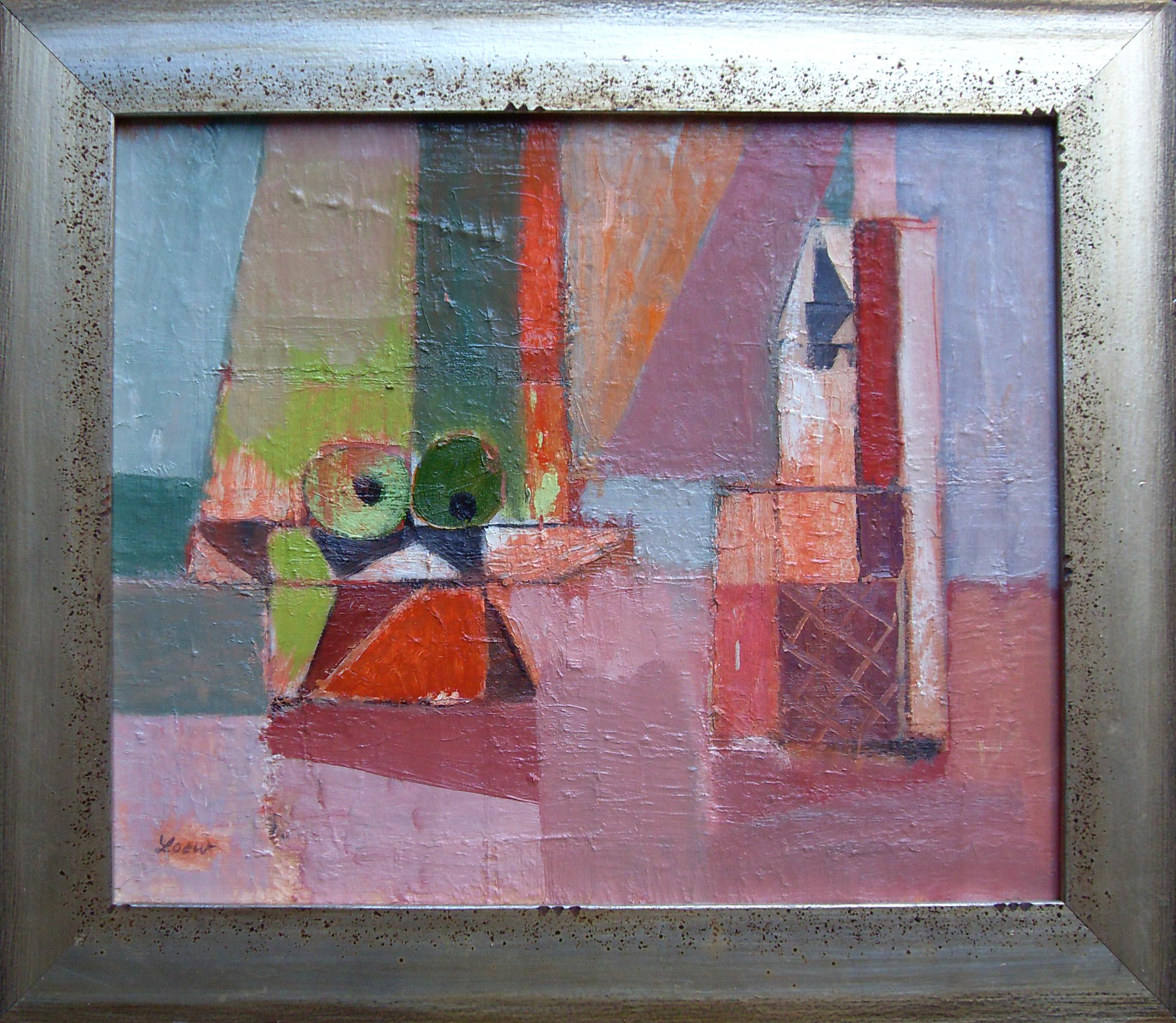This abstract still-life painting, "Untitled (Still Life ML01)", by Michael Loew is done in the abstract expressionist style. Loew studied in the Ashcan School where he was heavily influenced by Willem de Kooning and Hans Hofmann. This particular